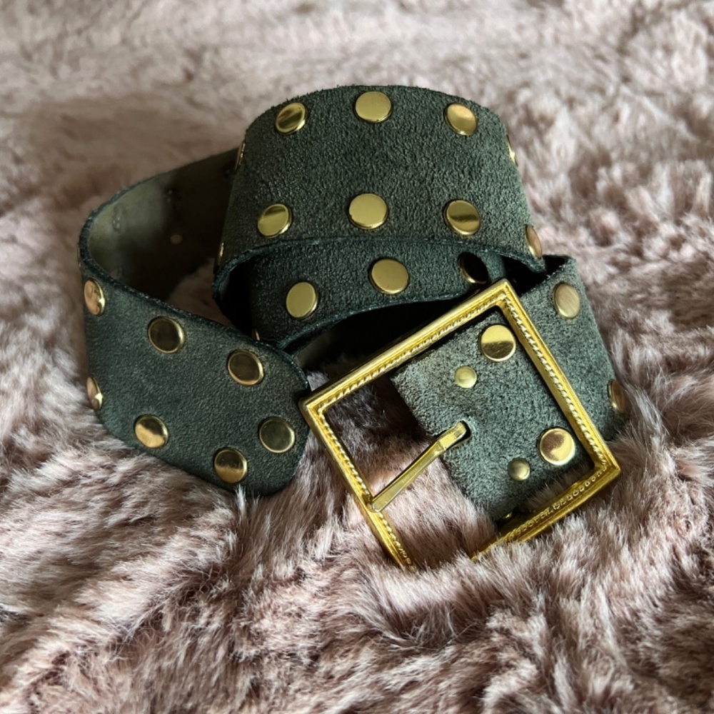 VINTAGE 80s Sage/Olive Suede Gold Tone Bling Studded Fashion Belt - unique! - Picture 14 of 14